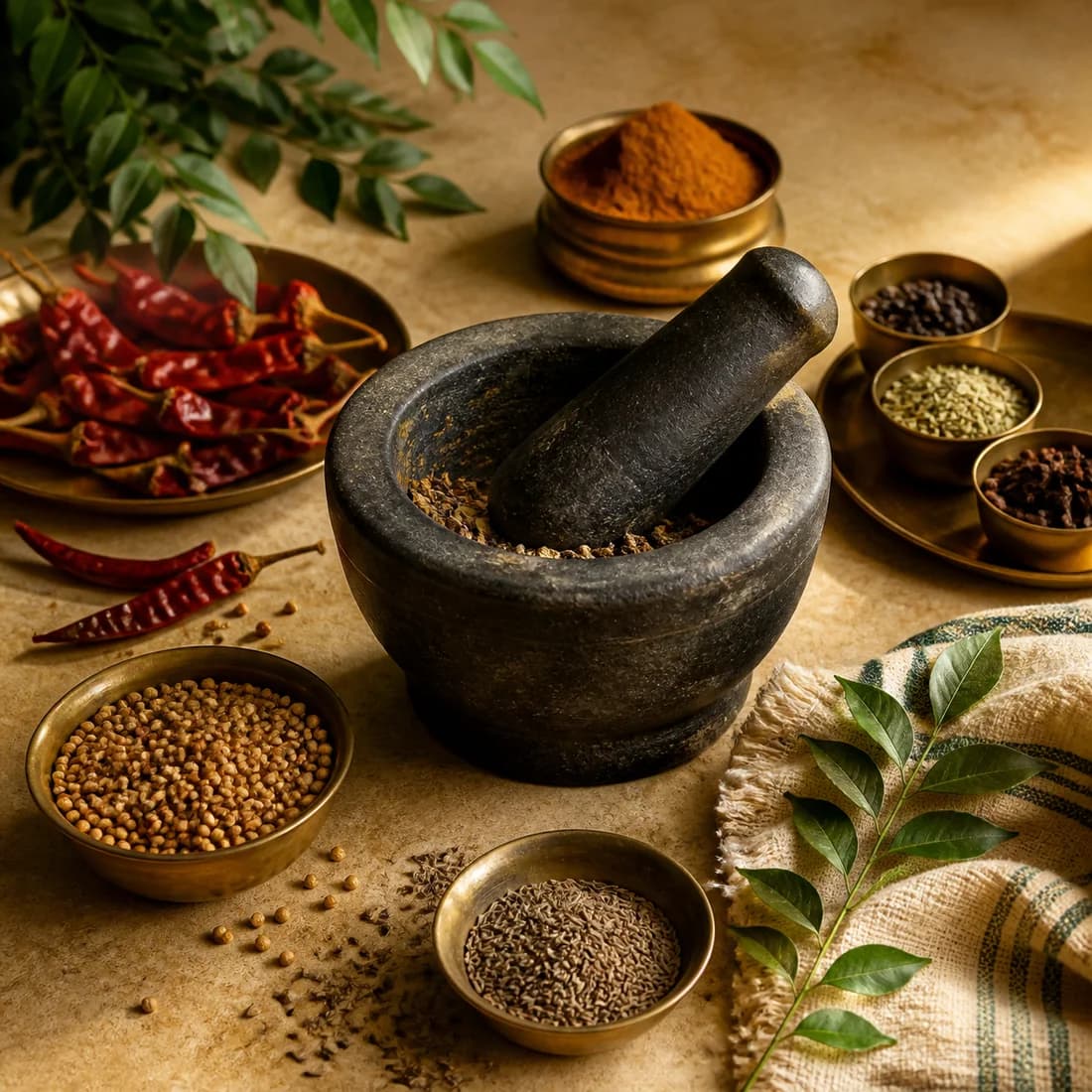 Traditional stone mortar and pestle surrounded by whole spices and curry leaves