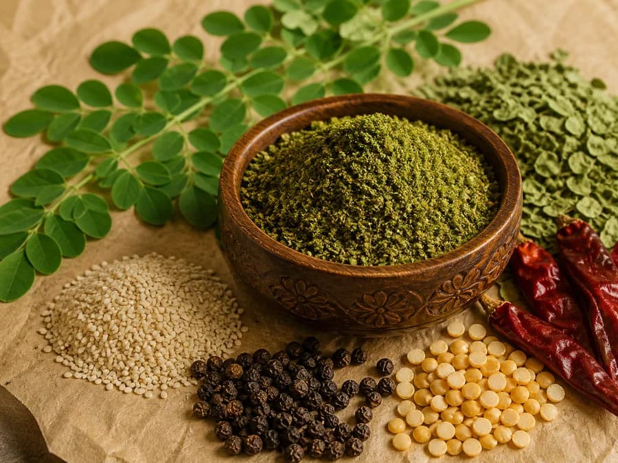 Moringa Idli Podi spice blend with its featured ingredients